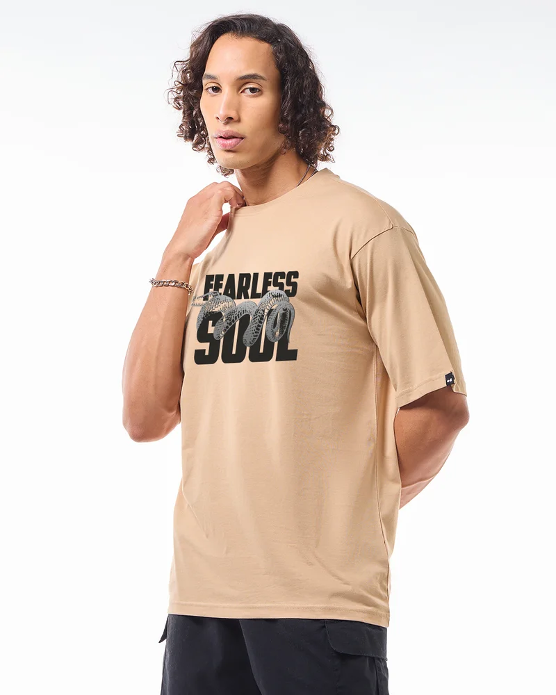 bewakoof Men's Ginger Root Brown Fearless Soul Graphic Printed Oversized T-shirt